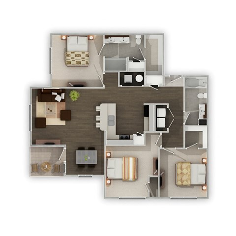 Floor plan for 3 beds, 2 baths, 1305 sqft